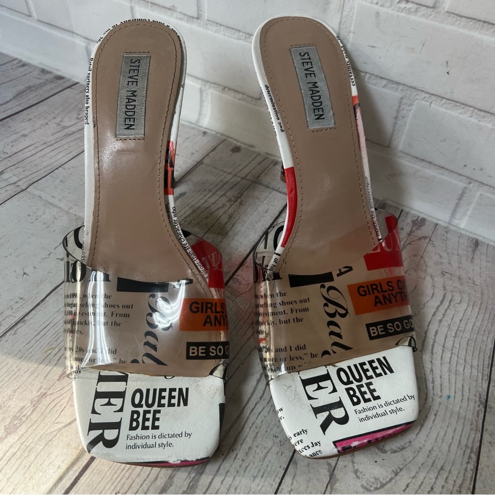 Vintage Steve Madden Y2K Size 10 Newspaper News Print Heels Clear Slide Shoes - Picture 3 of 16